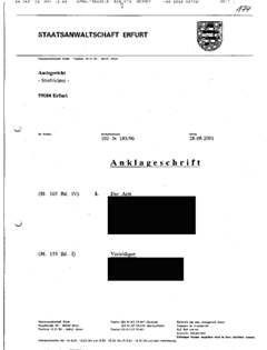 Dateigröße 44kB :Die Anklageschrift vom 28.08.2001 - Tatvorwurf -fahrlässige Tötung  von Cornelia Bärwolff