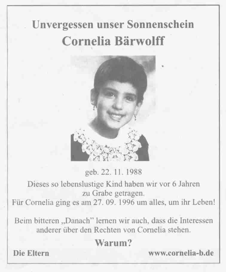 Cornelia Nachruf im Jahr 2002, 6 Jahre und immer noch keine Schuldfeststellung